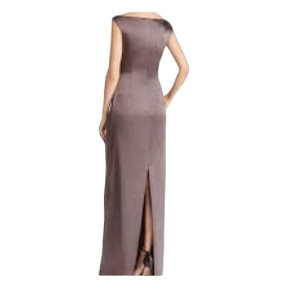Adrianna Papell Ruched Draped Satin Column Evening Gown Taupe 4 - Picture 6 of 13